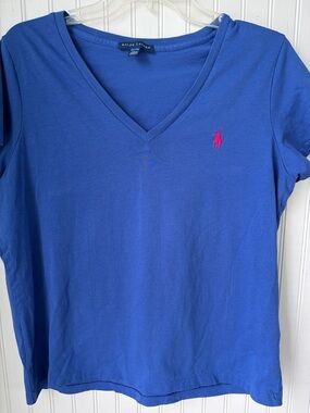 Ralph Lauren Blue V-Neck Tee (XL) with Pink embroidered Polo Logo
